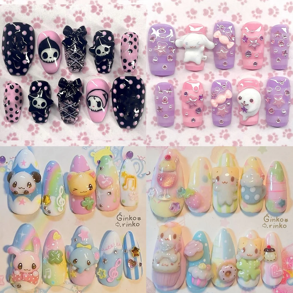 

Handmade 3D Rilakkuma My Melody Cinnamoroll Almond Nail Party Sticker Kawaii Rabbit Cat Dog Cake Ice Cream Strawberry False Nail