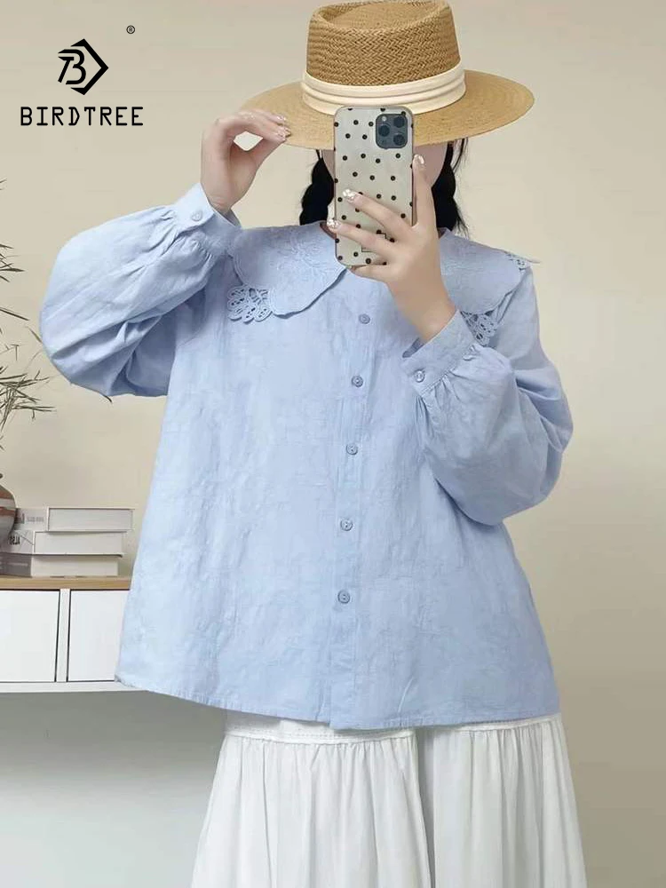 

Новая женская хлопковая рубашка с длинным рукавом Весна 2026, с отложным воротником и вышивкой, в стиле Mori Girl, омолаживающая, шикарная свободная блузка T61816CC