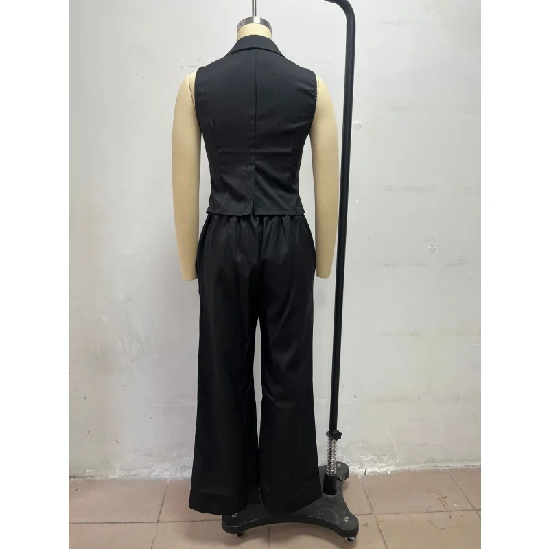 Damen 2-teiliges Outfit, ärmellose Weste mit Revers, hochtaillierte Hose mit weitem Bein, elegantes Büro-Formalanzug-Set, Business-Party-Partnerlook – Detail 16