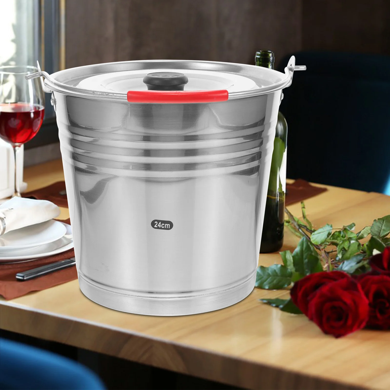 

Stainless Steel Bucket 6L Water Container with Lid 24cm for Cooling Beverages Ice Storage Suitable Party KTV Beach Hotel Bar