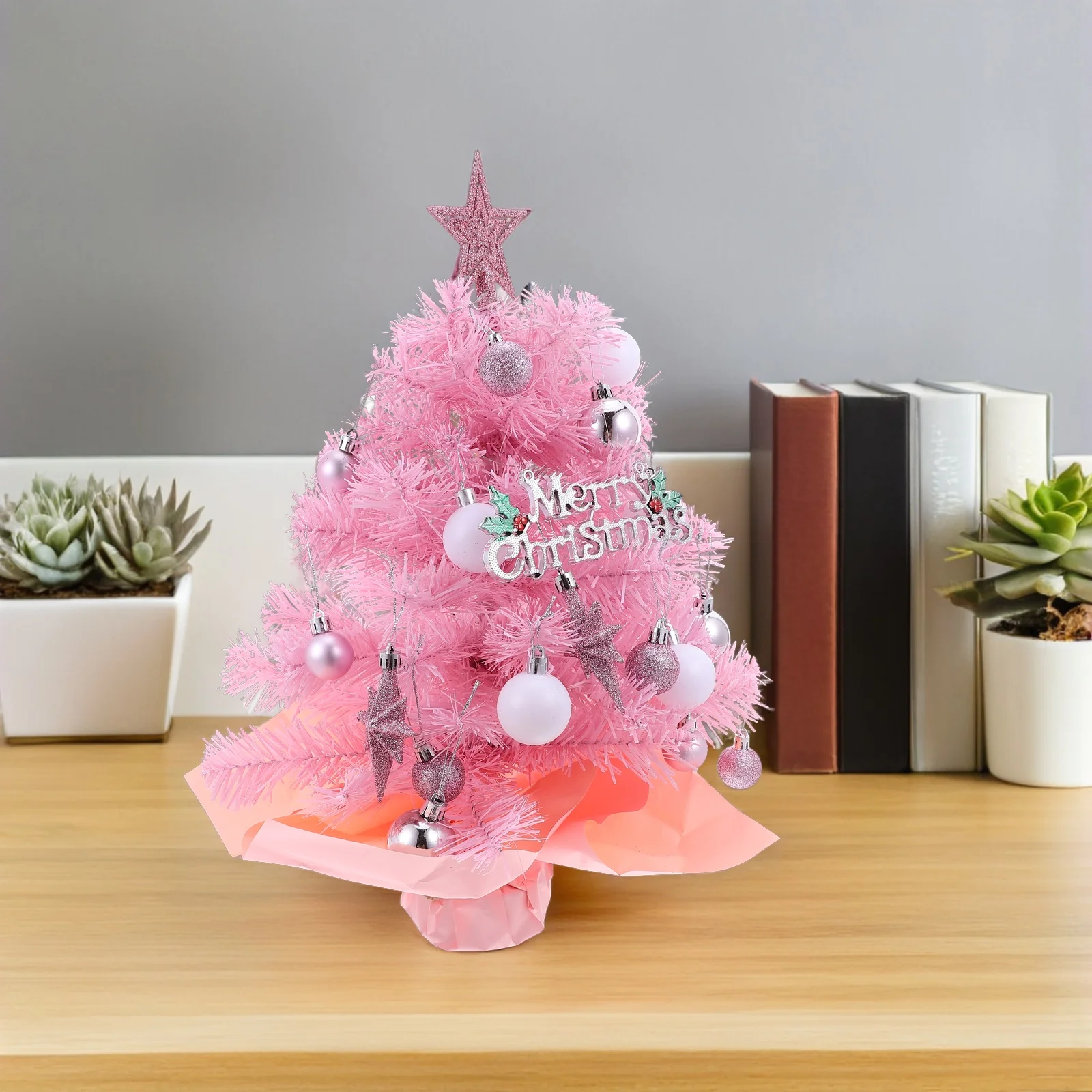 

Pink Mini Christmas Tree Tabletop Artificial Prelit Indoor Star Topper Ball Ornaments Xmas Decor Mini Christmas Tree with Lights