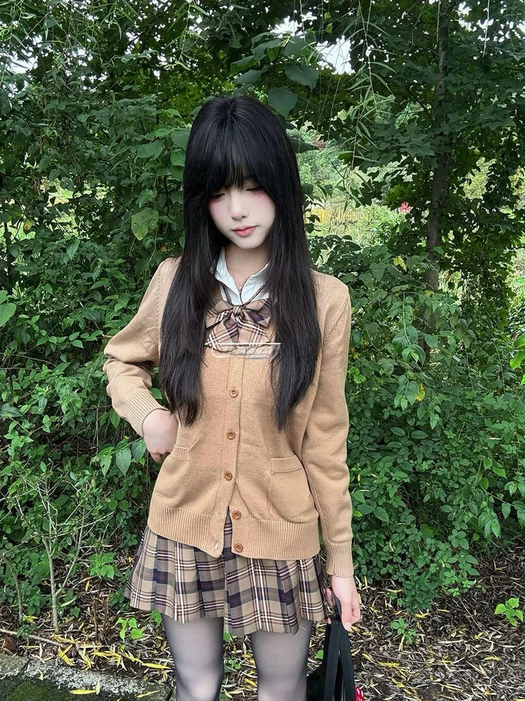 

Original Japanese Style Caramel Boule Uniform Skirt Set Long Sleeve Open Cardigan College Style Soft Girl Checkered Skirt