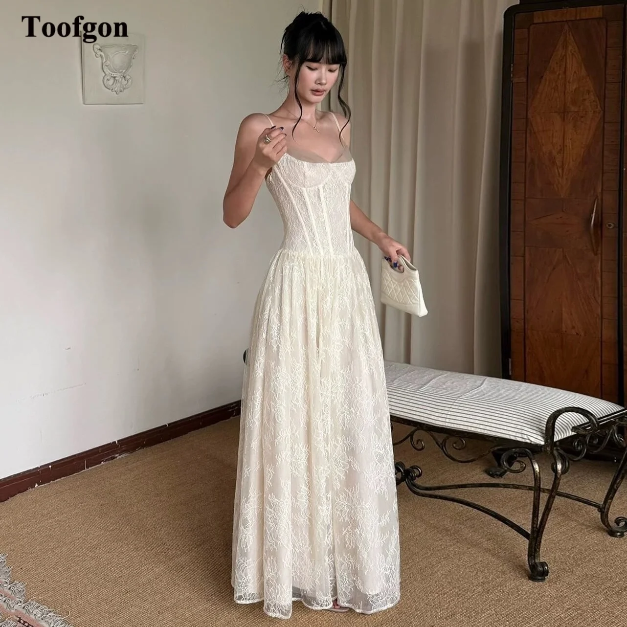 

Toofgon Customized Lace Bride Wedding Dresses Straps Corset Back Long Formal Party Bridal Gowns Floor Length Photography Dress