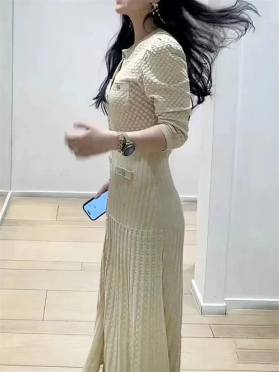 

Women Hollow out Knit Midi Dress Single Breasted Elegant 2024 Spring Round Neck Female Robe