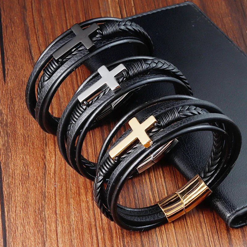 Cross Genuine Leather Multi-Layer Woven Bracelet Stainless Steel Gold Plated Bangles Waterproof Jewelry Magnetic Buckle