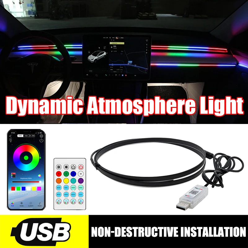 USB Car LED Ambient Light Acrylic Strips Full Colors RGB Car Interior Hidden App Remote Control Atmosphere Lamp