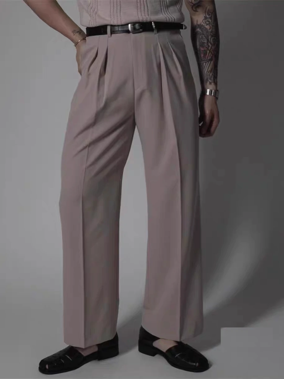 

Casual Men's Suit Pants Hidden Button Waist Design Straight Leg Loose Fit Iron-Free Trendy Bla ey White Color Options