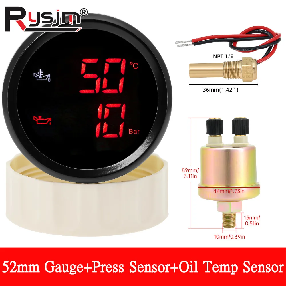 

Двухфункциональный датчик 2-в-1 52 мм с сигнализацией: измеритель температуры масла + манометр давления масла с датчиком, красная/зеленая подсветка для автомобиля/лодки