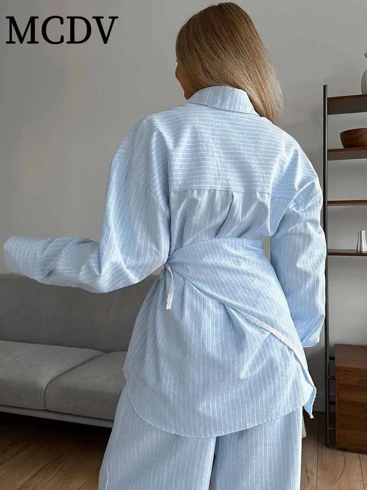 MCDV Casual losse streep broek set dames kant patchwork volledige mouw knop shirt veterriem wijde pijpen broek 3-delige outfits