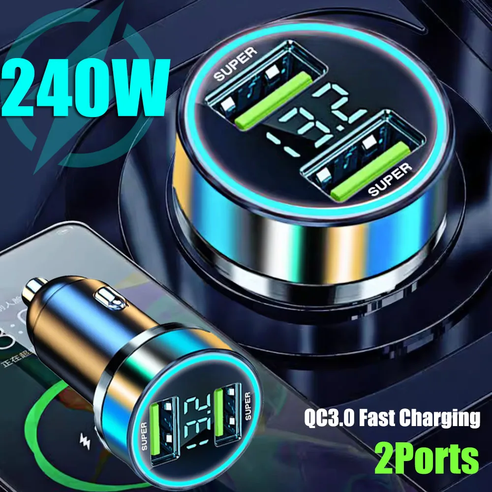 อะแดปเตอร์ชาร์จเร็ว240W 2พอร์ตสำหรับชาร์จในรถยนต์จอแสดงผลดิจิตอลที่ชาร์จโทรศัพท์มือถือแบบ USB QC3.0สำหรับ iPhone Samsung Xiaomi