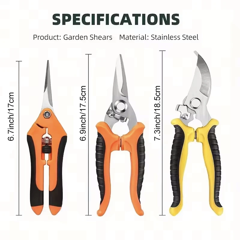 3pcs/Set Scissors Set Gardening Tools Stainless Steel Professional Straight & Curved Head Multi-functional Garden Scissors