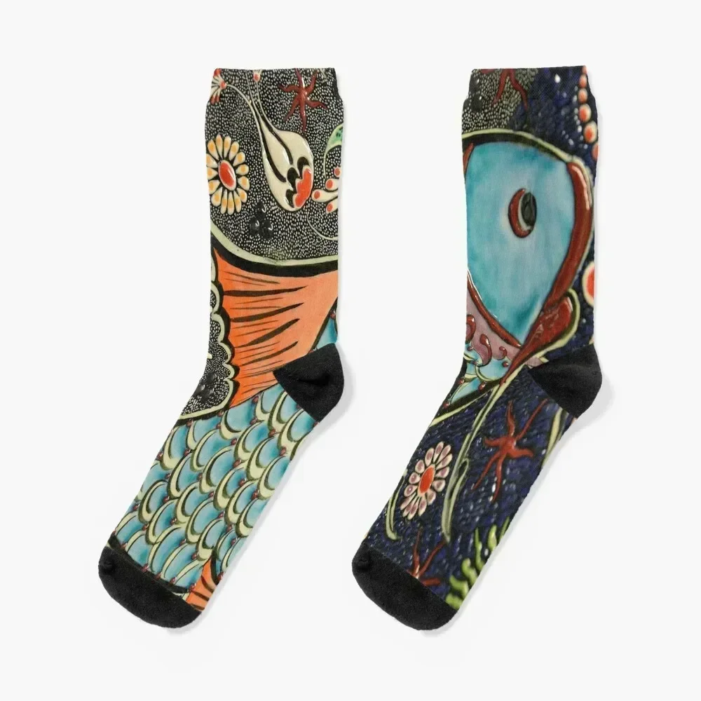 

folk art orange blue japanese good luck koi fish Socks Toe sports cartoon new year Socks Women Men's