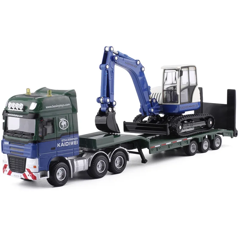 1:50 Flatbed Trailer With Bulldozer Semi-Trailer Alloy Engineering Car Model Toys Car for Boy Birthday Gift B340