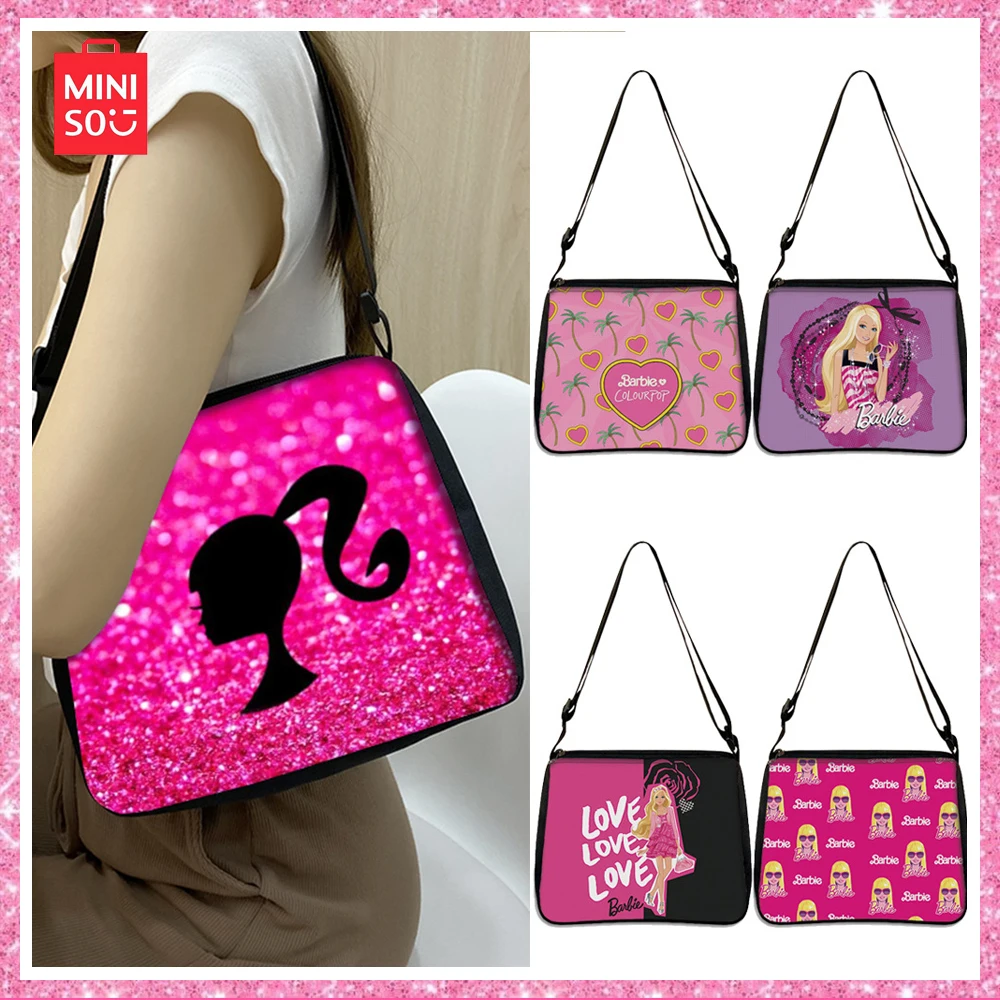 

2024 Miniso New Barbie Underarm Polyester Bag Printed Tote Shoulder Bag Simple Fashion Tote Girls Christmas Birthday Gift