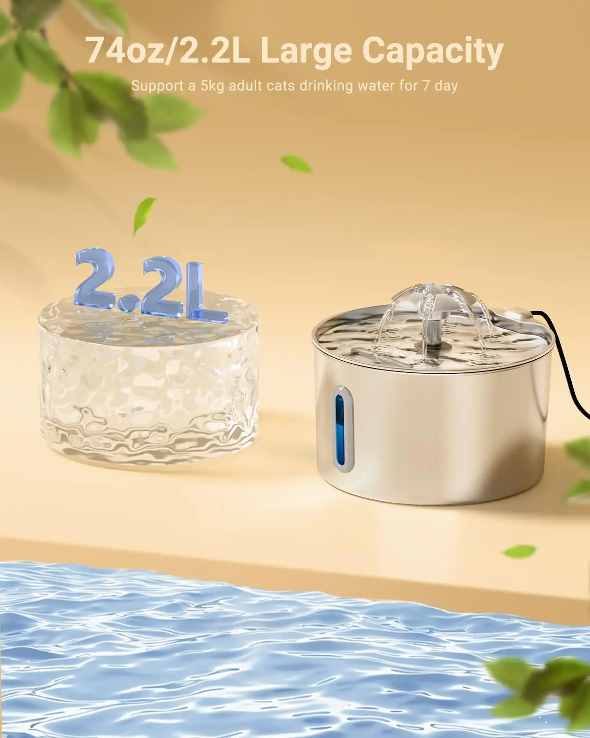 2,2-Liter-Edelstahl-Wasserspender für Haustiere mit Doppelauslassmodus und Blumen-Auslassdesign sorgt dafür, dass Haustiere das Trinken von Wasser mehr genießen. – Detail 2