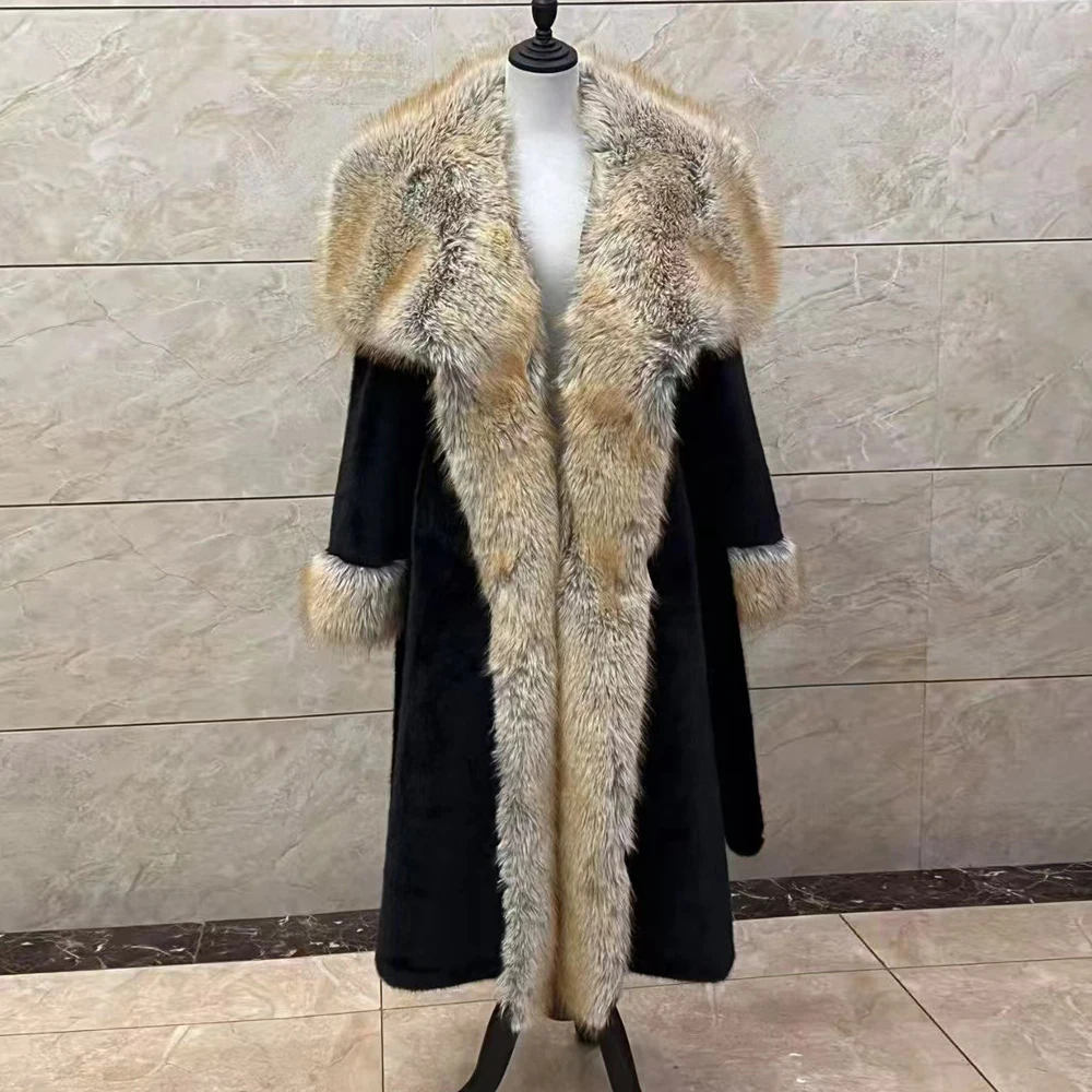 

Luxury High Quality Winter Mink Long Coat Faux Fur New Coat Fox Fur Collar Jacket Elegance Faux Mink Winter Clothes Women Coats