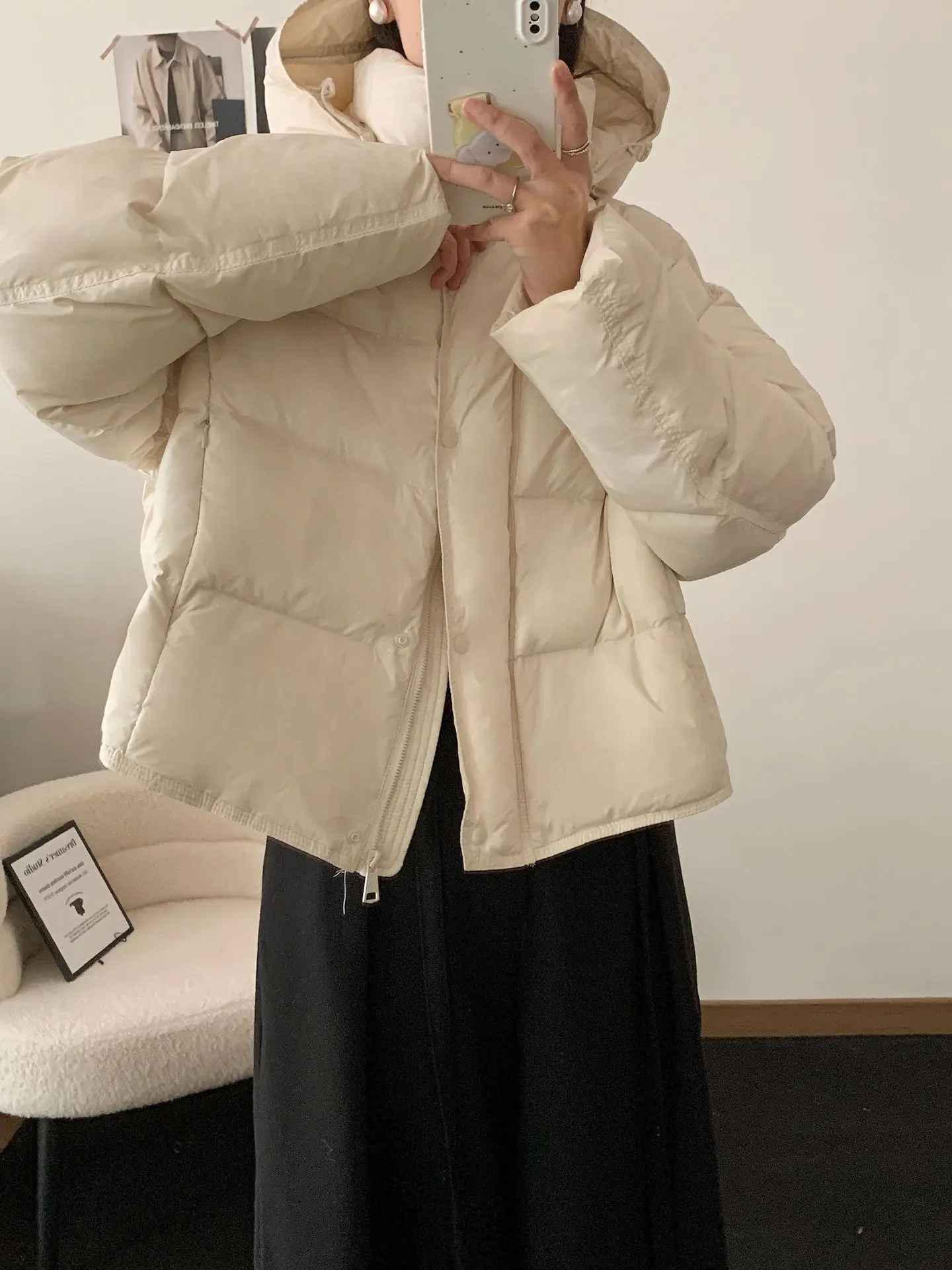 Korean Cropped Hooded Down Jacket for Women Winter Thickened White Duck Down Coats Woman Solid Color All Match Puffer Jackets