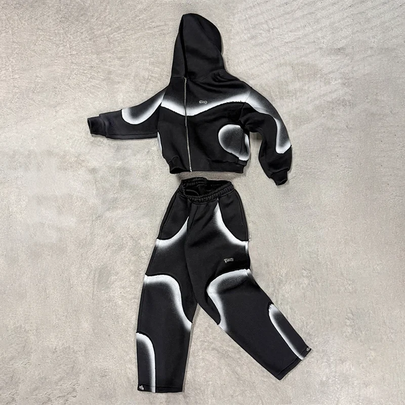 

White Splash Like Pattern Zip Up Hoodie Oversized Loose High Waist Jogging Pants Y2K Men Women Fashion Streetwear Sports Suit