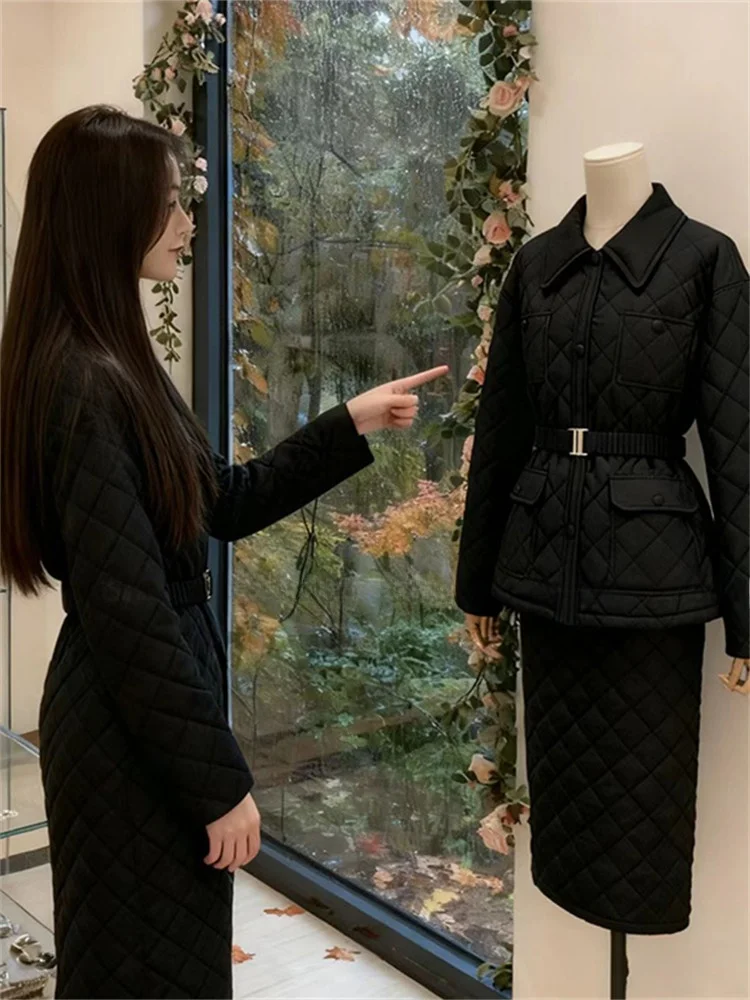 

Casual Commute Faion Set Women's Diamond Pattern Cotton Coat Ele Agel f Skirt Matching Set Versatile Spring Outfit