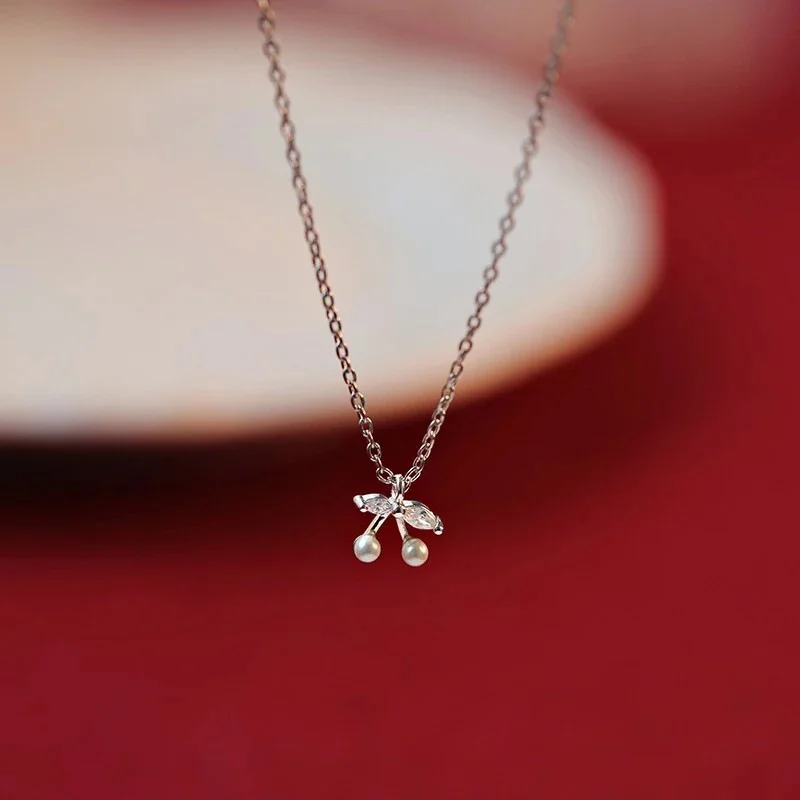 Cherry Pendant Necklace Marquise CZ Leaf Imitation Pearl Fruit Charm Cable Chain Necklace Women Dainty Everyday Jewelry