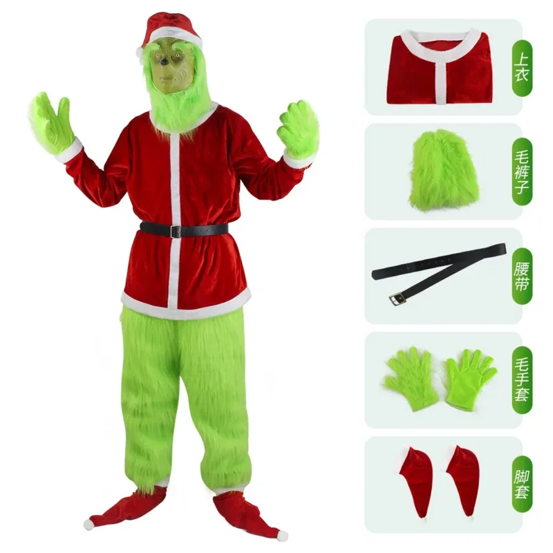 Zestaw Premium Strój Świętego Mikołaja Kostiumy Świąteczne Cosplay Ubrania Święty Mikołaj Geek Zielone Włosy Geek Grinch Ubrania na Występ