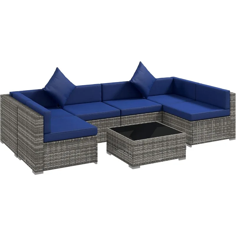 

Patio Furniture Set Outdoor Wicker Conversation Set All Weather Rattan Sectional Sofa Set with Cushions and Tempered Glass Top