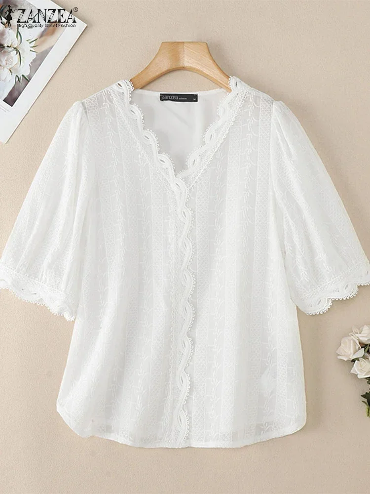 

ZANZEA 2025 Vintage Lace Blouse Fashion Solid Color Summer Tops Casual Cotton V-Neck Tunics Holiday Women Short Sleeve Blusas