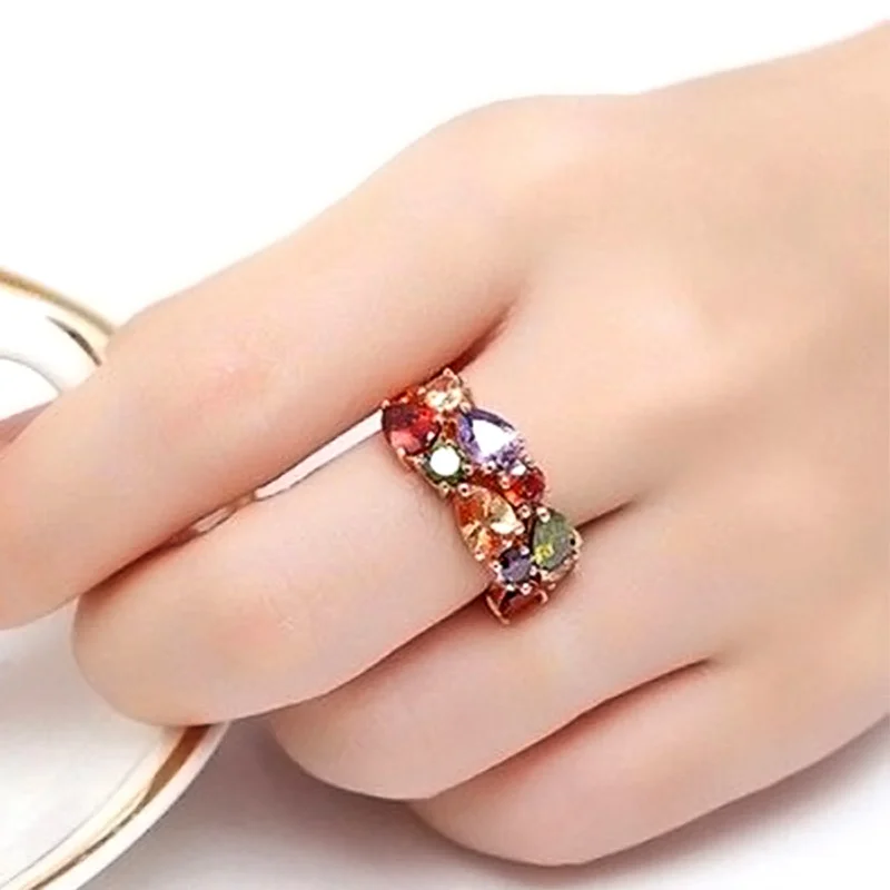 Huitan Fancy Bright Colorful Zirconia Finger Ring Female Rose Gold Color Accessories for Engagement Ceremony Aesthetic Jewelry