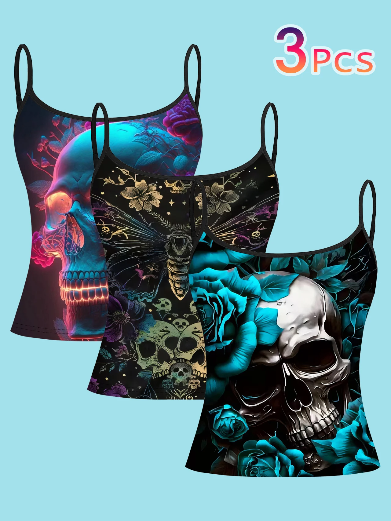 3-Piece Set of Neon Floral Print Tank Tops for Women, Blue-Green Rose Skull Death Moth Dark Gothic Style Slim Fit Sleeveless Spicy Girl Inner Wear Tops