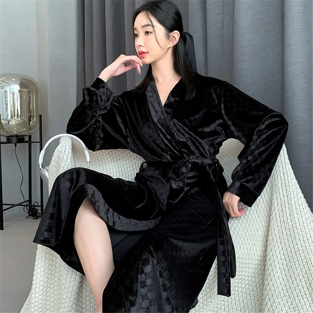 Abito lungo da notte femminile in velluto dorato, kimono, accappatoio, manica lunga, da notte, in velluto sciolto, per la casa, da salotto