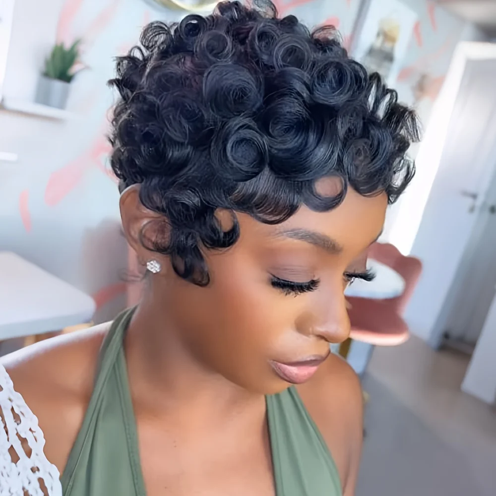 Brazilian Virgin Human Hair Pixie Cut Wig for Women Short Curly Wave with Bang Full Machine Made Full Machine Made Natural Black