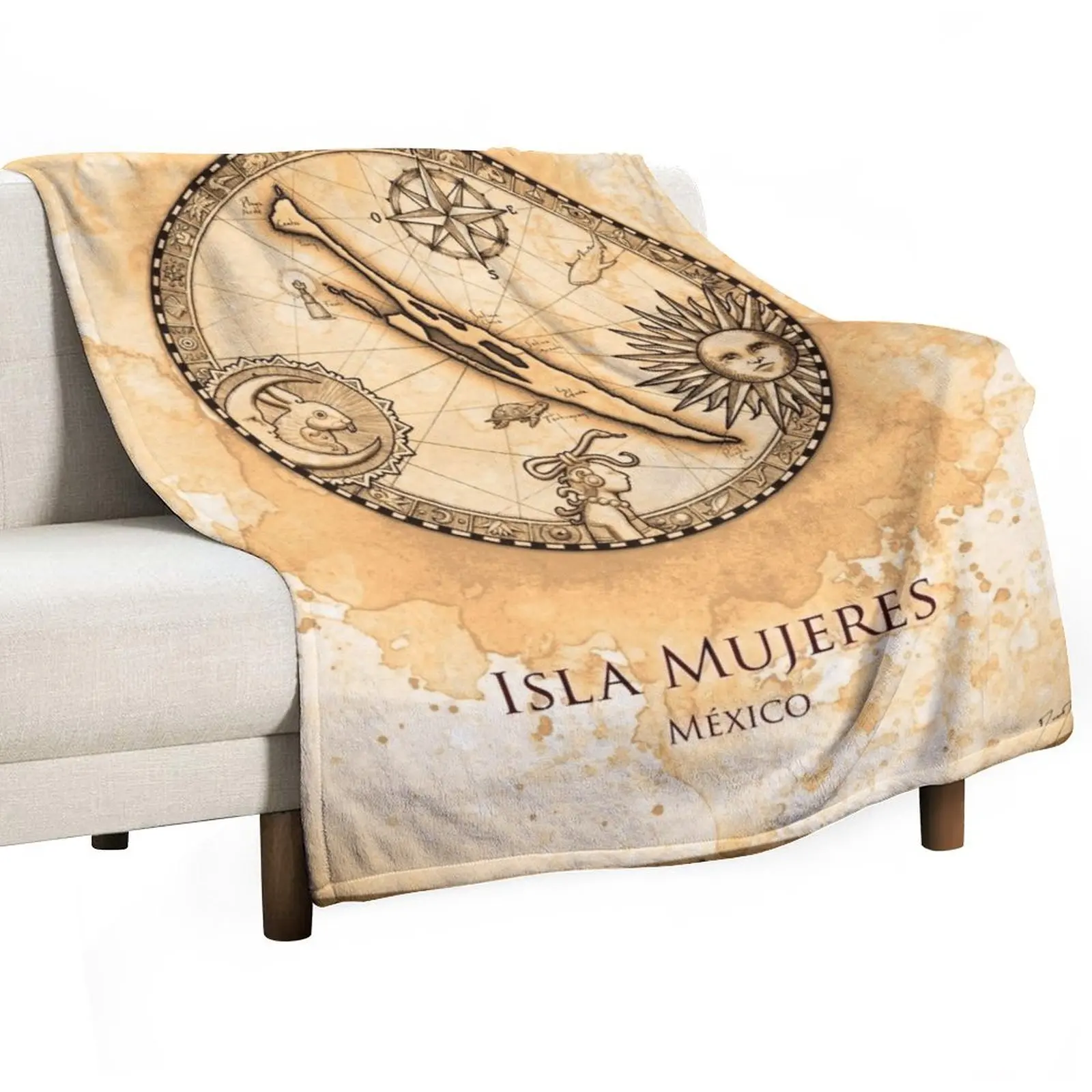 

Round ink watercolor Isla Mujeres Map Throw Blanket Soft valentine gift ideas Decorative Throw Blankets