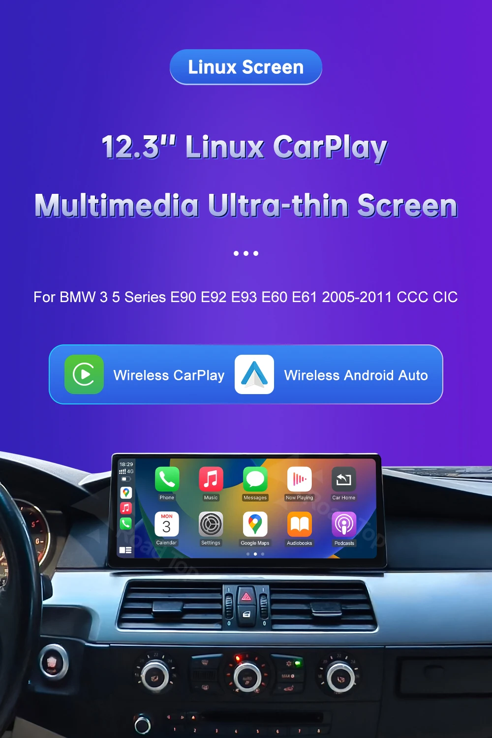 Road Top Wireless CarPlay Touchscreen für BMW 3er/5er Serie E90/E91/E92/E93 E60 E61 E62 CCC/CIC Multimedia Autoradio Android Auto – Detail 3