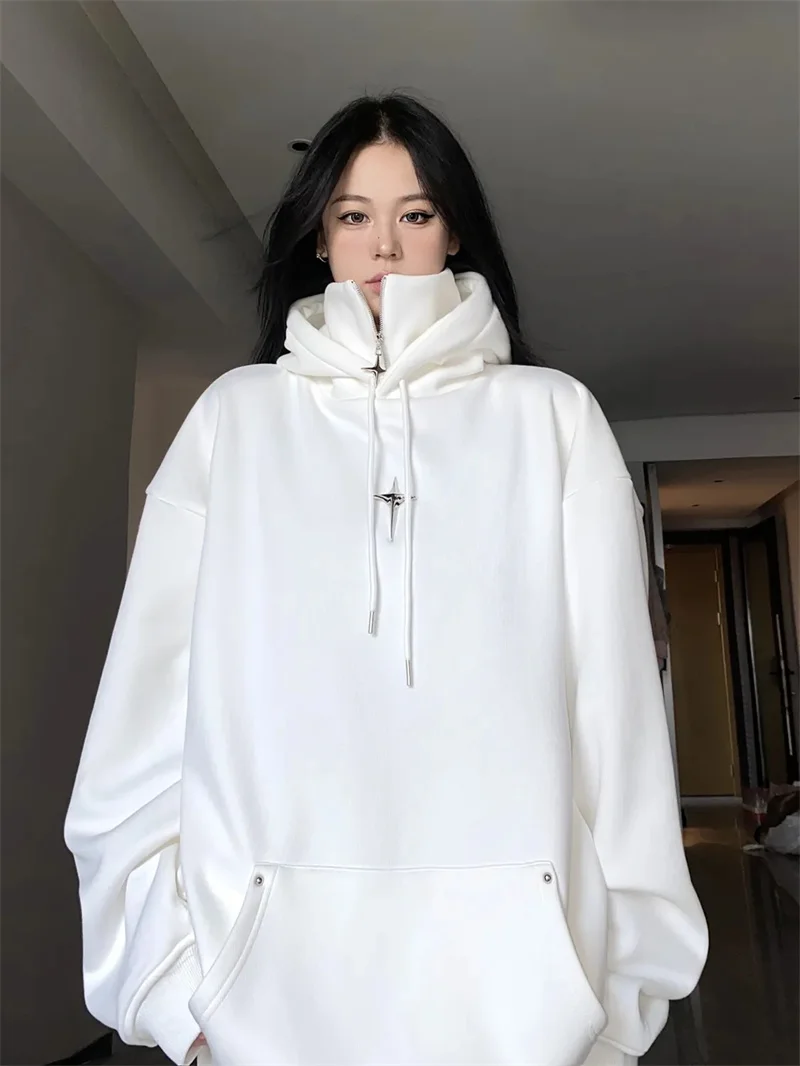 

2023 Metal Star Design Feeling Standing Neck Plush Sweater Women's Autumn Winter New Thickened Hooded Top Student Ins Fashion