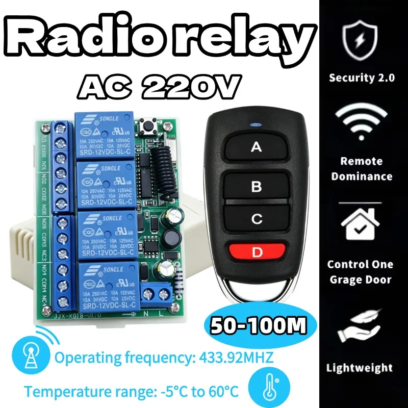 AC220V 10A 4CH Wireless Remote Control Switch Relay Receiving Module and 4-channel RF433MHz Remote Control Transmission