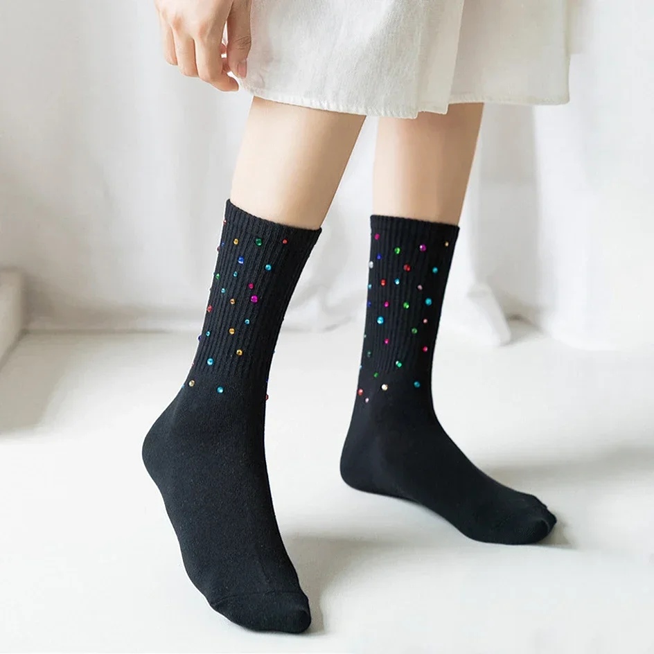 Fashion Glitter Diamond Socks For Women Harajuku Shiny Stockings Autumn Winter Loose Socks Female Lingerie Mid-tube Cotton Socks