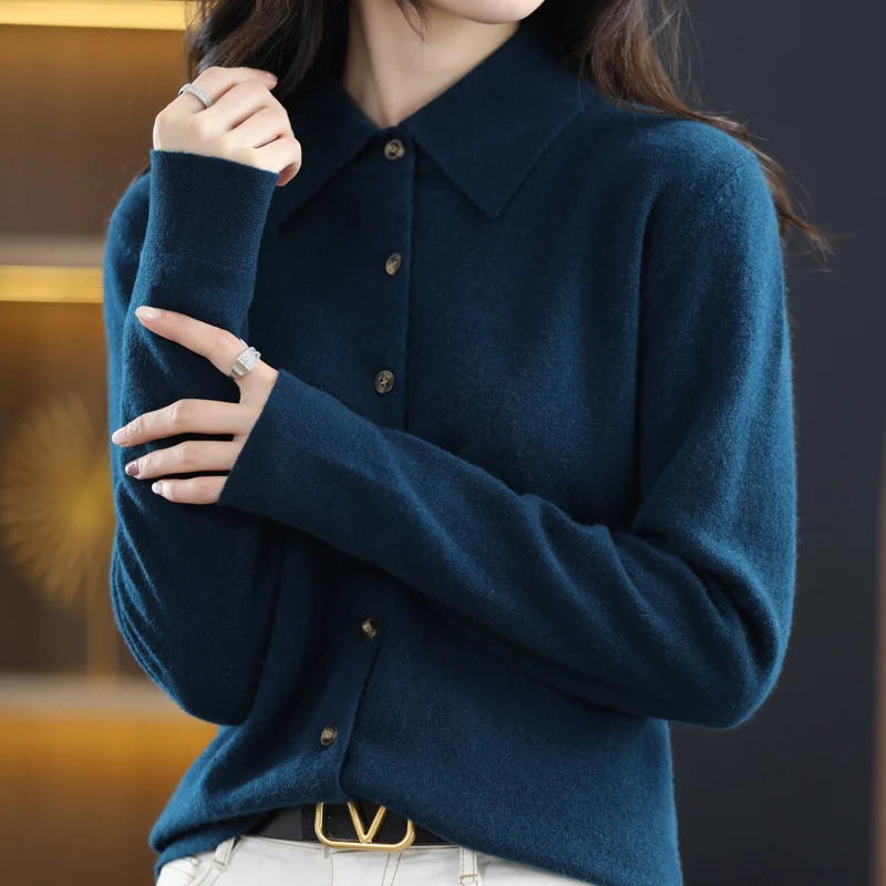 100% Wool Korean Style Turn-down Collar Knitted Sweaters Women Cardigan Fashion Casual Long Sleeve Cashmere Shirt Solid Tops