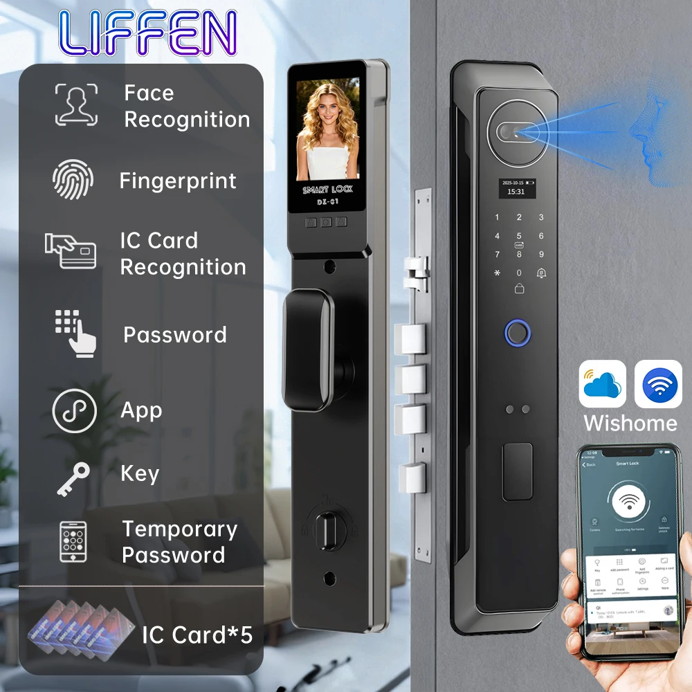 Wishome app bloqueio inteligente 3d reconhecimento facial senha de impressão digital fechadura da porta inteligente campainha embutida com instantâneo anti-roubo
