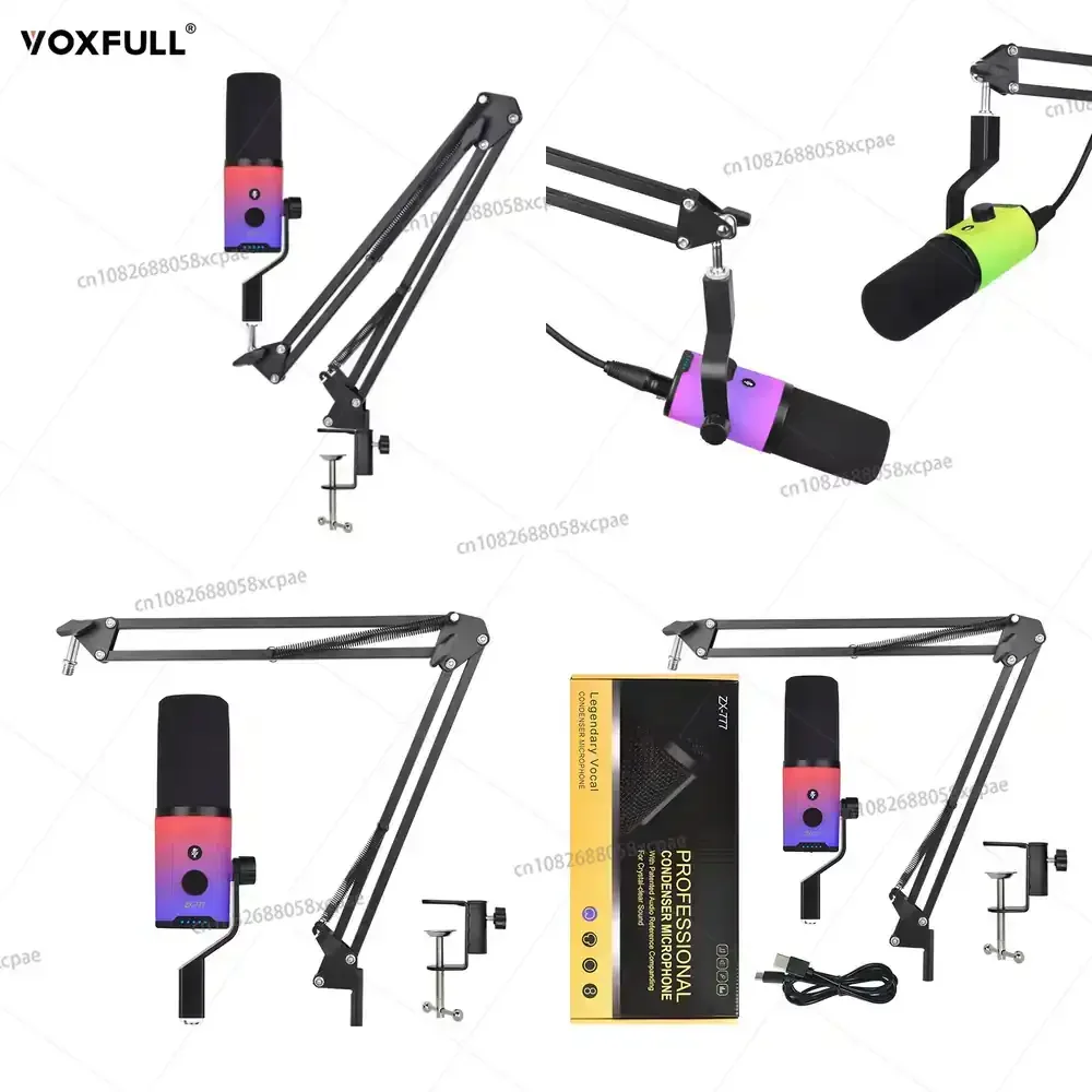 

Конденсаторный микрофон VOXFULL ZX-777 с RGB-подсветкой, USB-подключением и держателем для студий и игровых сцен.