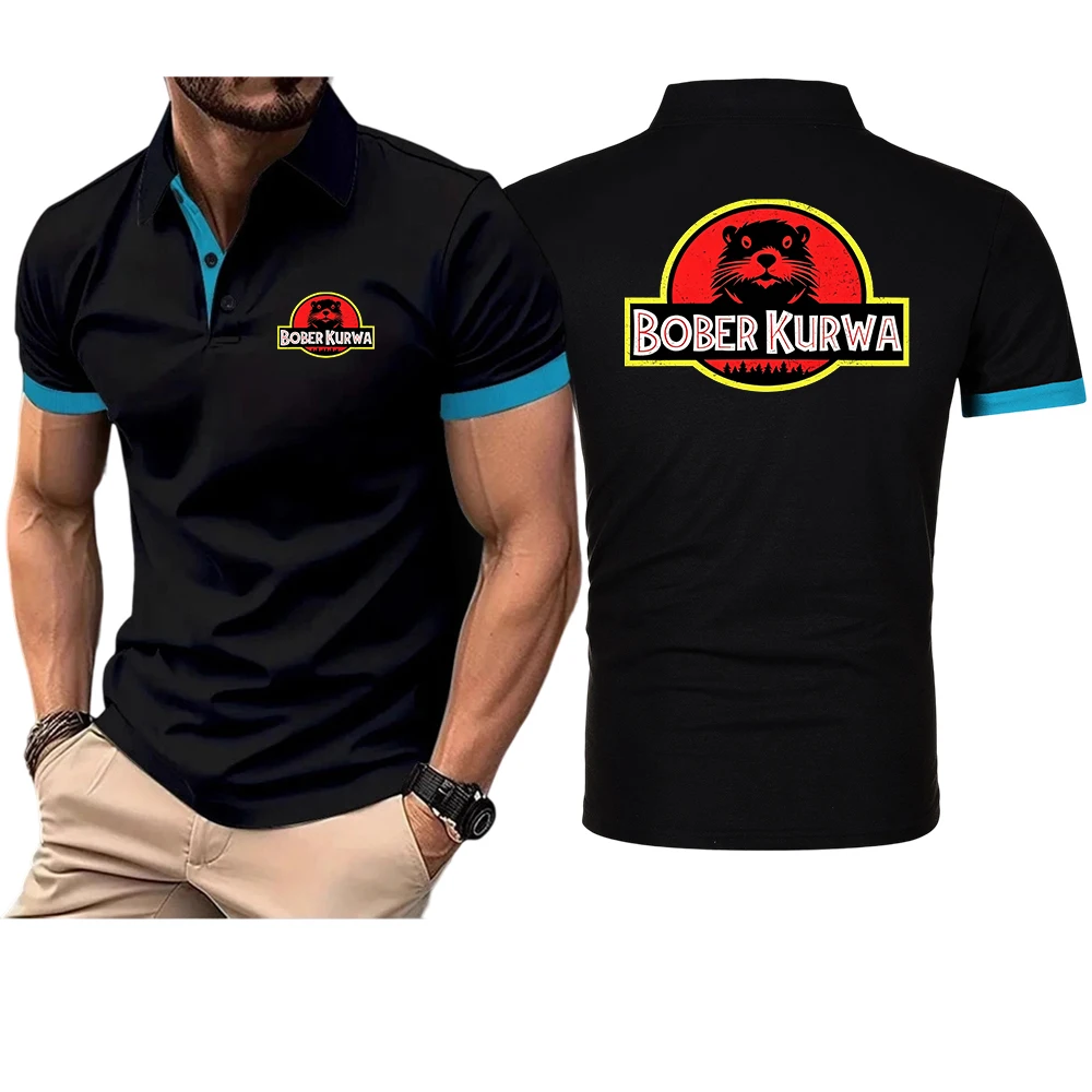 Bober Kurwa Men's running sports fitness wear summer high stretch vertical short-sleeved POLO T shirt