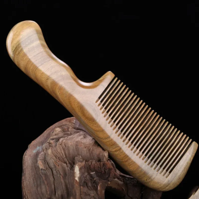 

19cm Natural Green Sandalwood Comb Long Handle Electrostatic Wooden Comb for Curly & Straight Hair Anti-static Hairdressing Tool