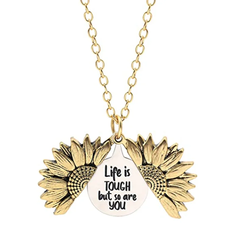 Life is tough but so are you Engraved Necklace Inspirational Sunflower Locket Necklace Jewelry for Women Girlfriend