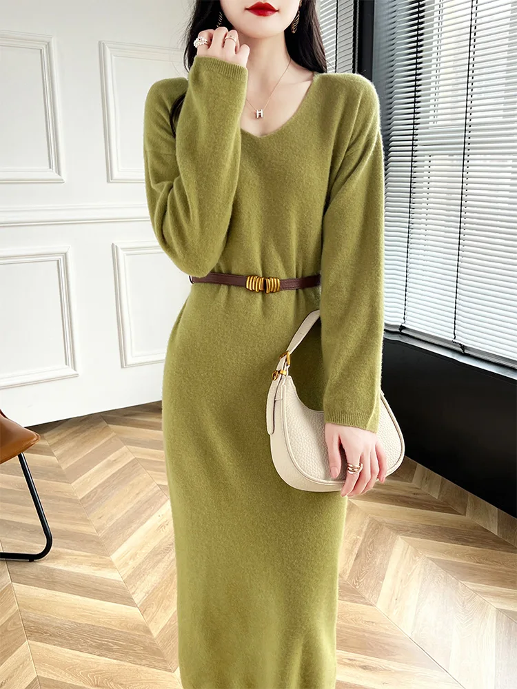 2024 New 100% Merino Wool Women Sweater Dress V-Neck Pullover Long Dress Versatile Cashmere Knitwear Korean Popular Clothing