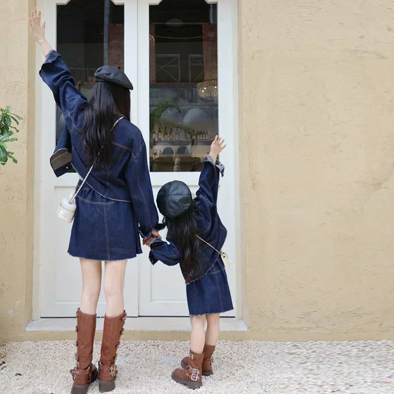 2024 Fashion Korean Mummy and Me Jacket Skirts Mom and Baby Girls Matching Denim Clothes Sets Mother Daughter Two Piece Outfits