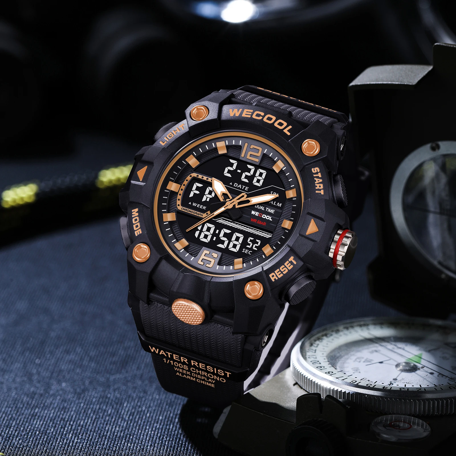 

WECOOL Brand Dual Display Digital W-820 50M Waterproof Alarm Clock Luminous Fashion business Quartz Sport WristwatcWatch For Man