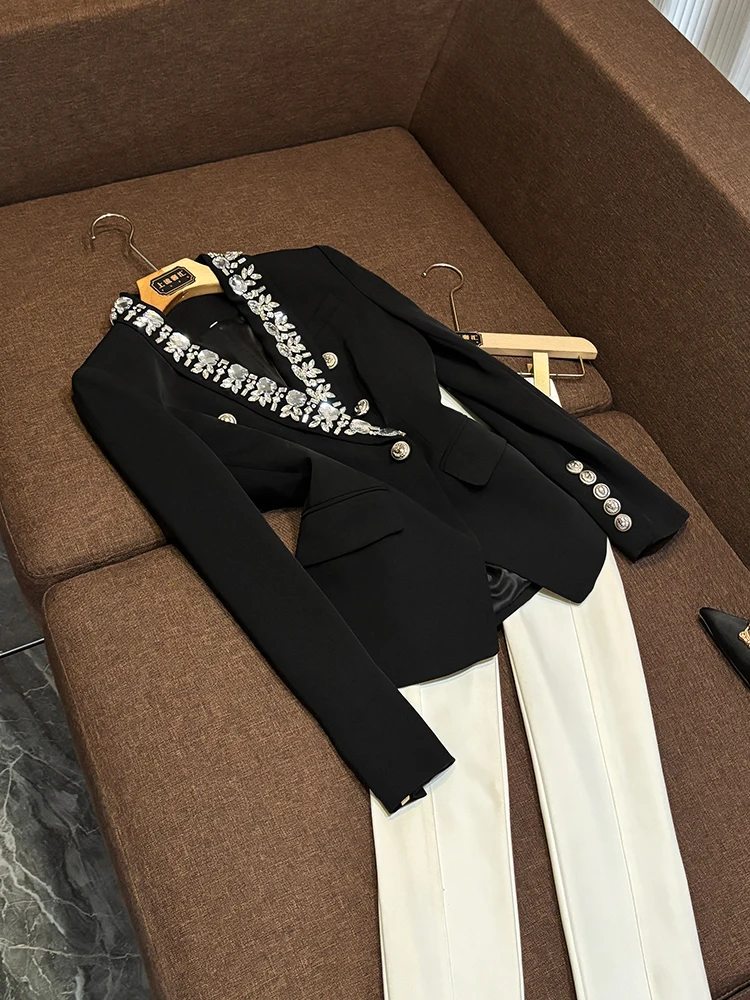 

Ele Bla Slim Fit корейский женский костюм Heavy Embellied Diamond A6452 Commute Wind Long Sve с двойной пуговицей