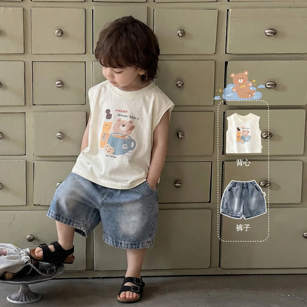 

Новые летние майки для мальчиков 2026 года: милые хлопковые дышащие жилетки с мультяшным принтом медведя, повседневная одежда для малышей