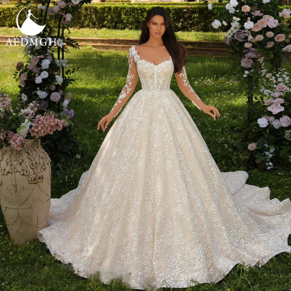 Aedmgh Ball Gown Princess Wedding Dresses Scalloped Long Sleeve Vestido De Novia Lace Appliques Delicate Custom Made Bridal Gown