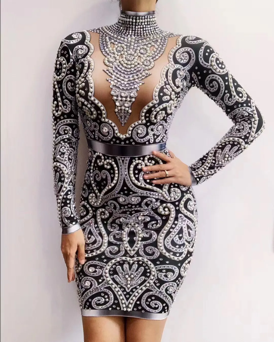 Blackrhinestonespearlslongsleevesdresssexyspandexwomen singeroutfit birthday celebrate evening dress