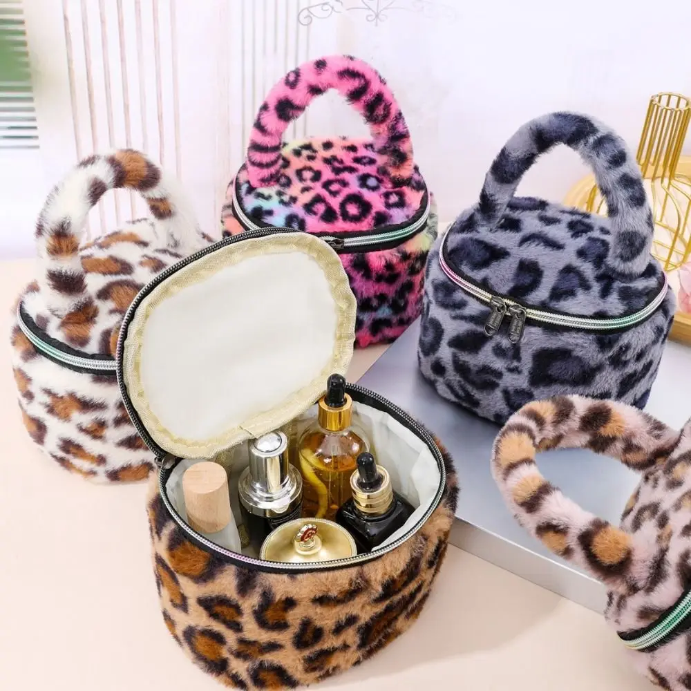 Leopard Print Plush Makeup Bags Soft Large Capacity Women's Cosmetic Pouch Durable Portable Cosmetic Storage Organizer Girls